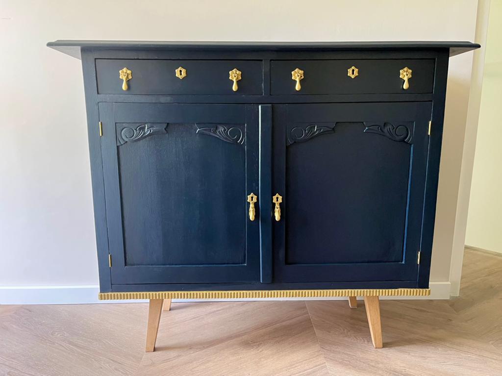 Gerestaureerde brocante vintage kast, blauw goud, uniek, Huis en Inrichting, Kasten | Dressoirs, Ophalen, Zo goed als nieuw, Klassiek, moderne styling, showpiece