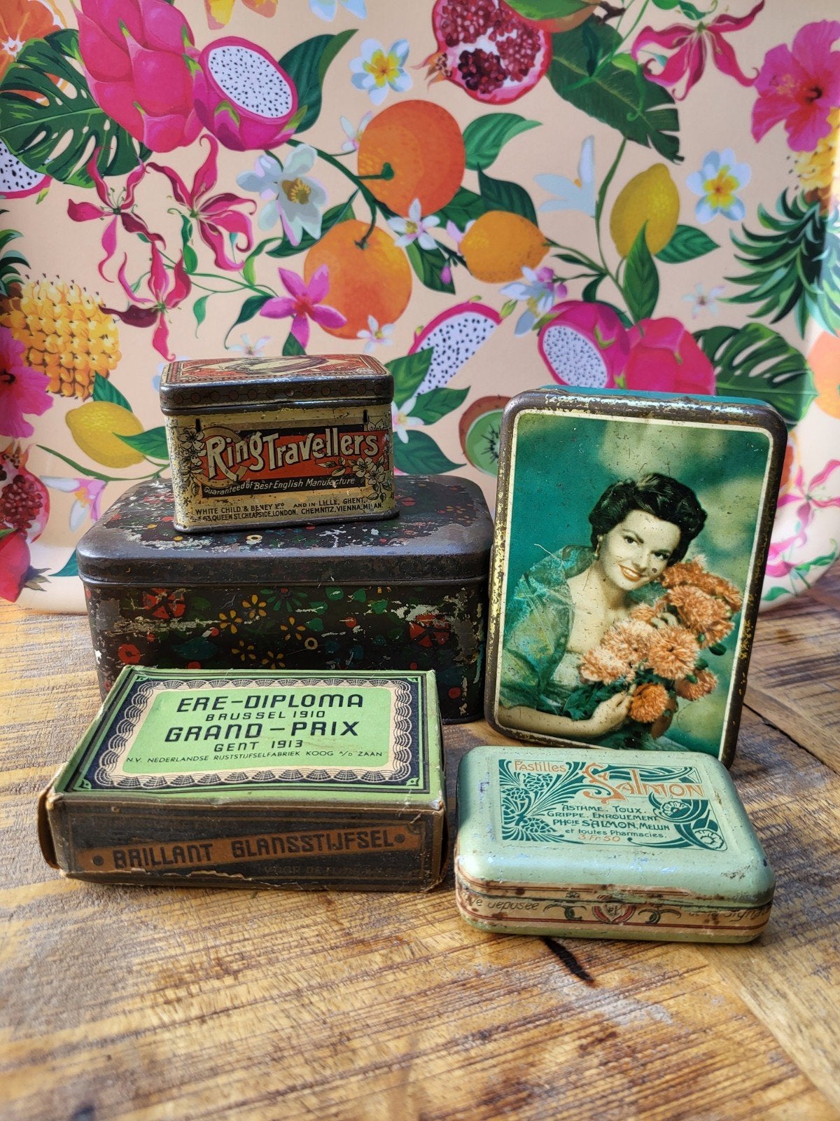 Vintage blikken en pakje glansstijfsel, Verzamelen, Ophalen of Verzenden, Gebruikt, Overige, Overige merken