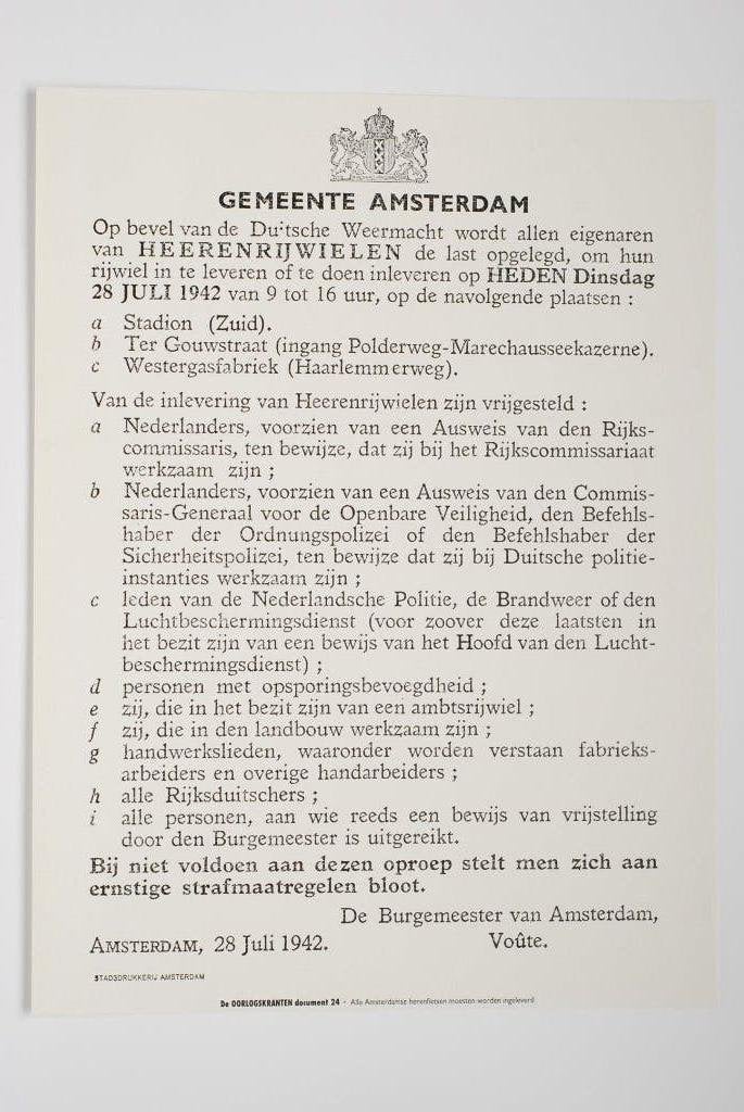 Affiche Inbeslagneming van fietsen | herdruk poster WOII, Verzamelen, Zo goed als nieuw, Verzenden, Amsterdam, Overige soorten