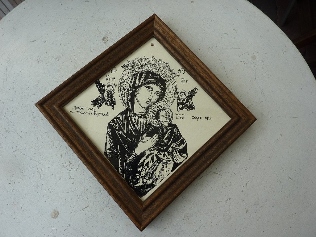 oud tegeltje religie in oude lijst maria, Antiek en Kunst, Antiek | Religie, Ophalen of Verzenden
