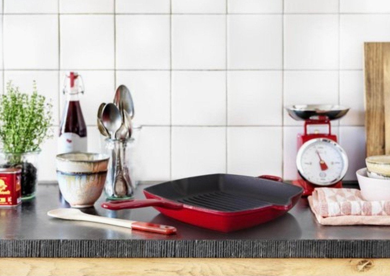 BK Bourgogne Grillpan 26cm Gietijzer Rood Nieuwstaat, Ophalen, Zo goed als nieuw, Gietijzer
