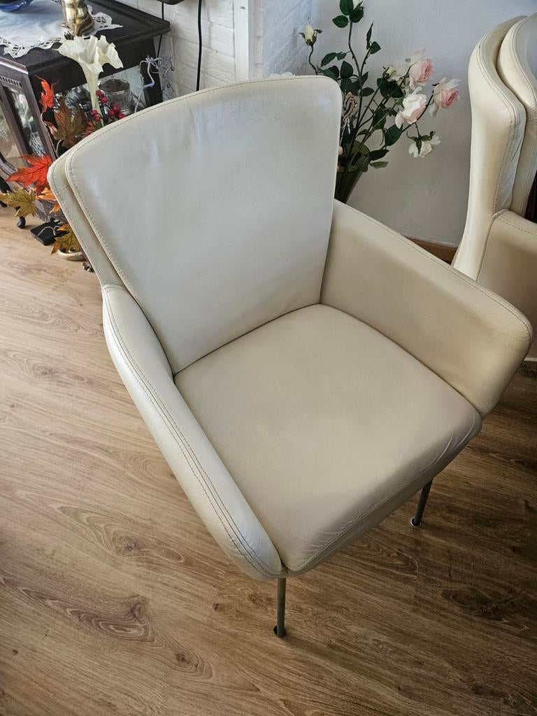 6 Roomwitte Leren Stoelen - Eetkamerstoelen, Huis en Inrichting, Stoelen, Ophalen, Modern, Klassiek, Gebruikt, Wit