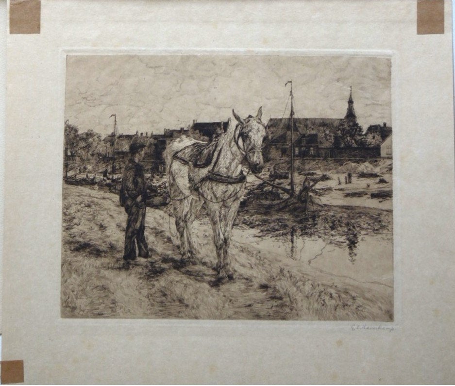 Gerrit Haverkamp ets "Trekpaard Op Jaagpad bij Dorp", gesign, Antiek en Kunst, Ophalen, Dagelijks leven, Ets, Origineel