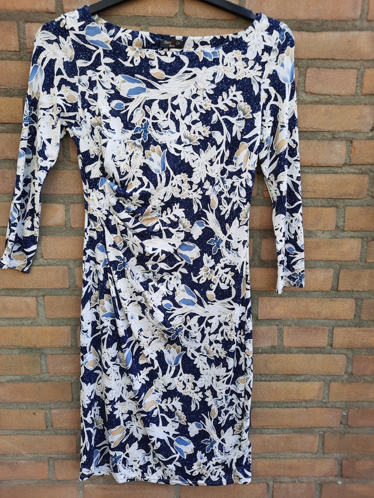 Jurk, merk : Dass &Co Paris, maat S,  blauw-wit, bloemprint., Kleding | Dames, Blauw, Ophalen of Verzenden, Zo goed als nieuw