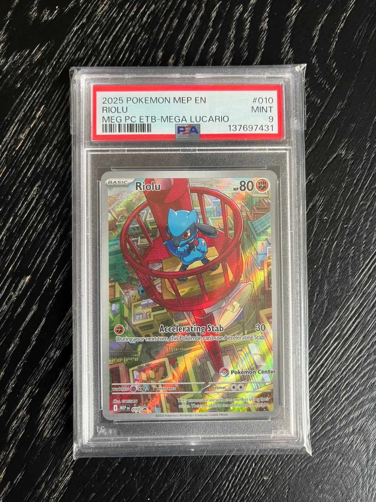 Riolu MEP 010 Pokemin Center ETB promo PSA 9, Ophalen, Zo goed als nieuw