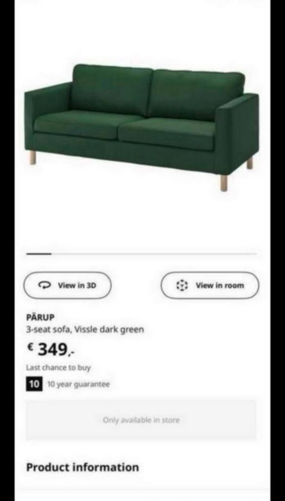Ikea parup 3-zits bank in goede staat, Ophalen, Zo goed als nieuw, 75 tot 100 cm, Tweepersoons