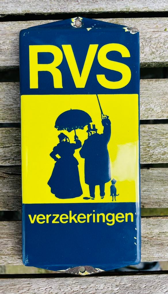 RVS verzekeringen leuk klein emaille deurpostje, Verzamelen, Ophalen of Verzenden, Zo goed als nieuw, Reclamebord