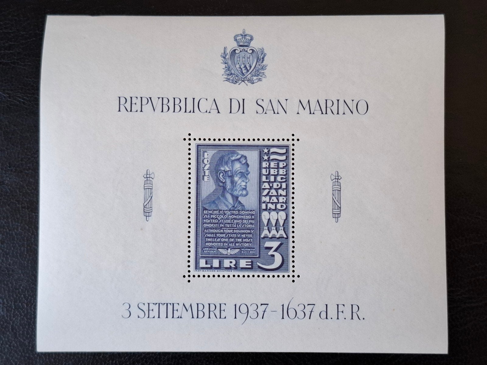 San Marino 1938 Buste Abraham Lincoln, Postzegels en Munten, Ophalen of Verzenden, Overige landen, Postfris