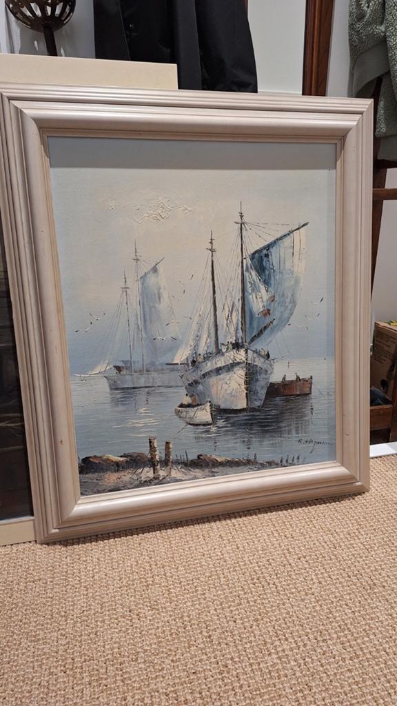Schilderij met zeilschepen, gesigneerd, Antiek en Kunst, Kunst | Schilderijen | Klassiek, Ophalen of Verzenden