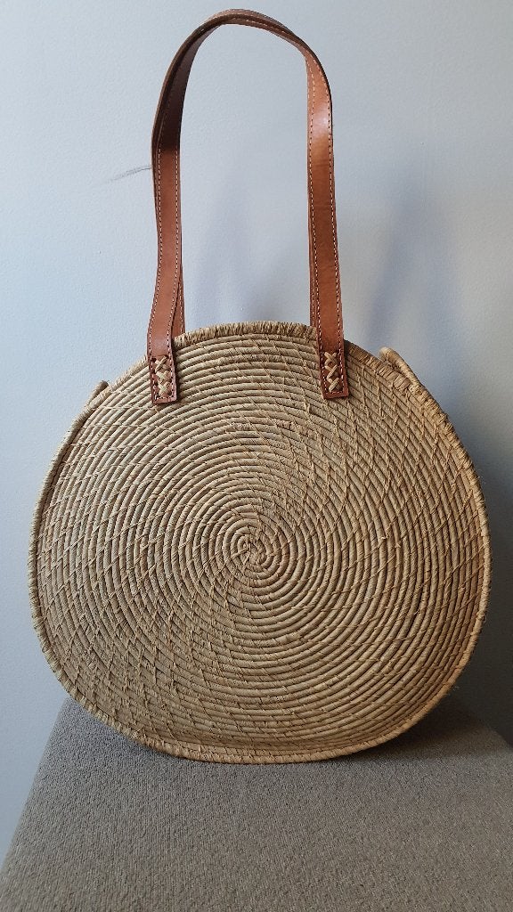 Grote ronde rotan stro tas met leren hengsels – boho, Ophalen of Verzenden, Beige, Handtas