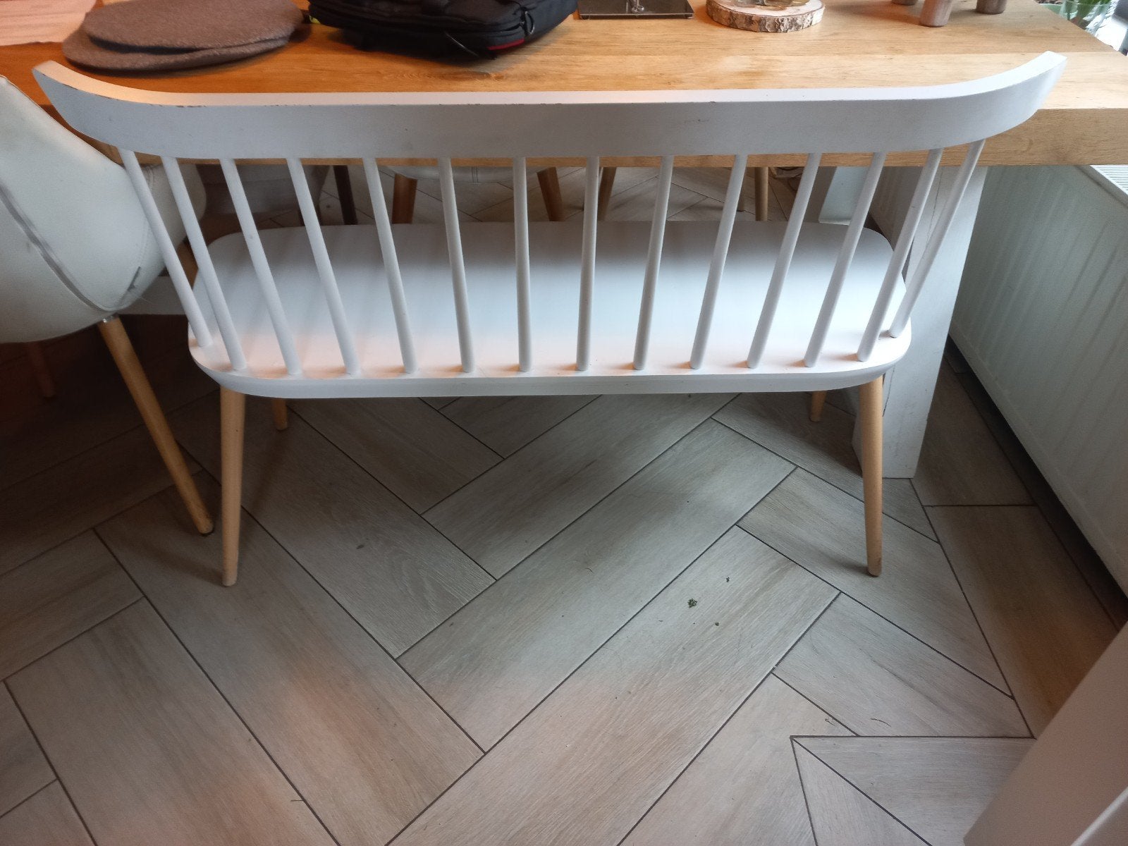 1 witte eetkamerbank en 2 stoelen, Scandinavische stijl, Ophalen, Gebruikt, Twee, Wit