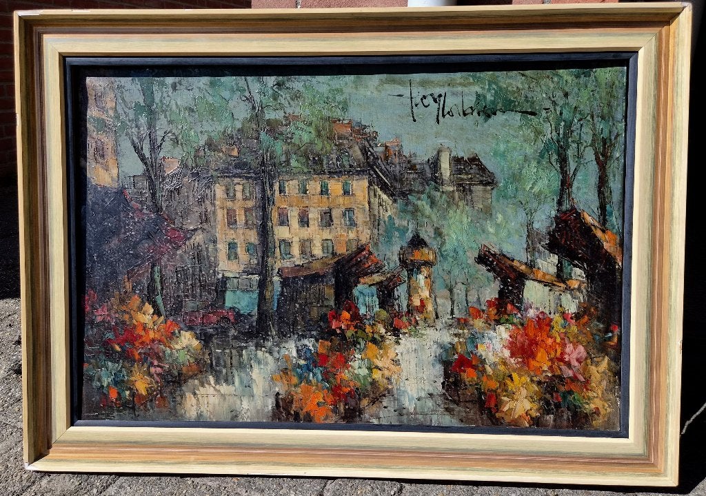 ~1950/60 Parijs bloemenmarkt, olieverf/doek, Roy LeBlanc?, Antiek en Kunst, Doek, Impressionistisch, Ophalen of Verzenden, Olieverf