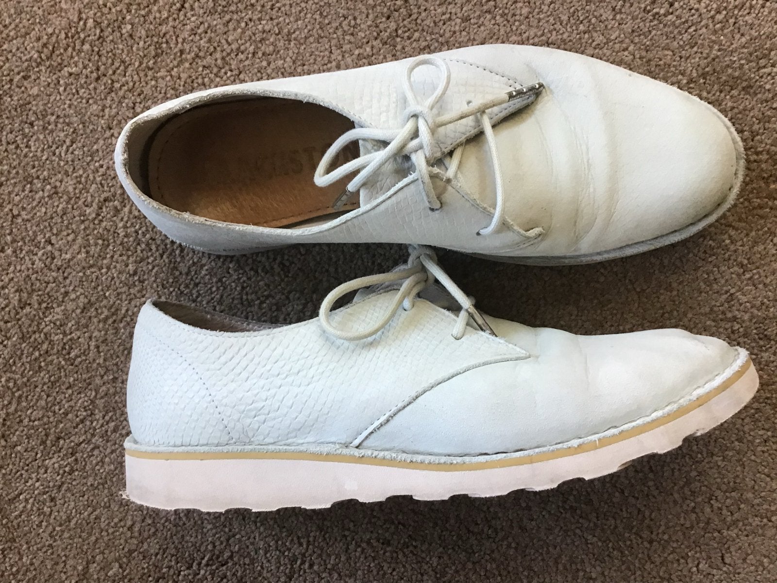 Blackstone soepele leren schoenen - Crème/Mintgroen (maat 38, Ophalen of Verzenden, Gedragen, Beige, Schoenen met lage hakken