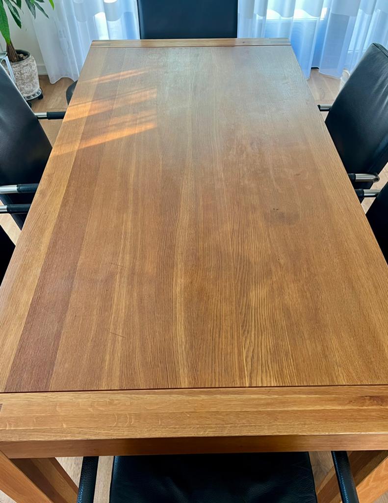 Eikenhouten eetkamertafel met 6  eetkamerstoelen, Ophalen, Gebruikt, 200 cm of meer, 50 tot 100 cm