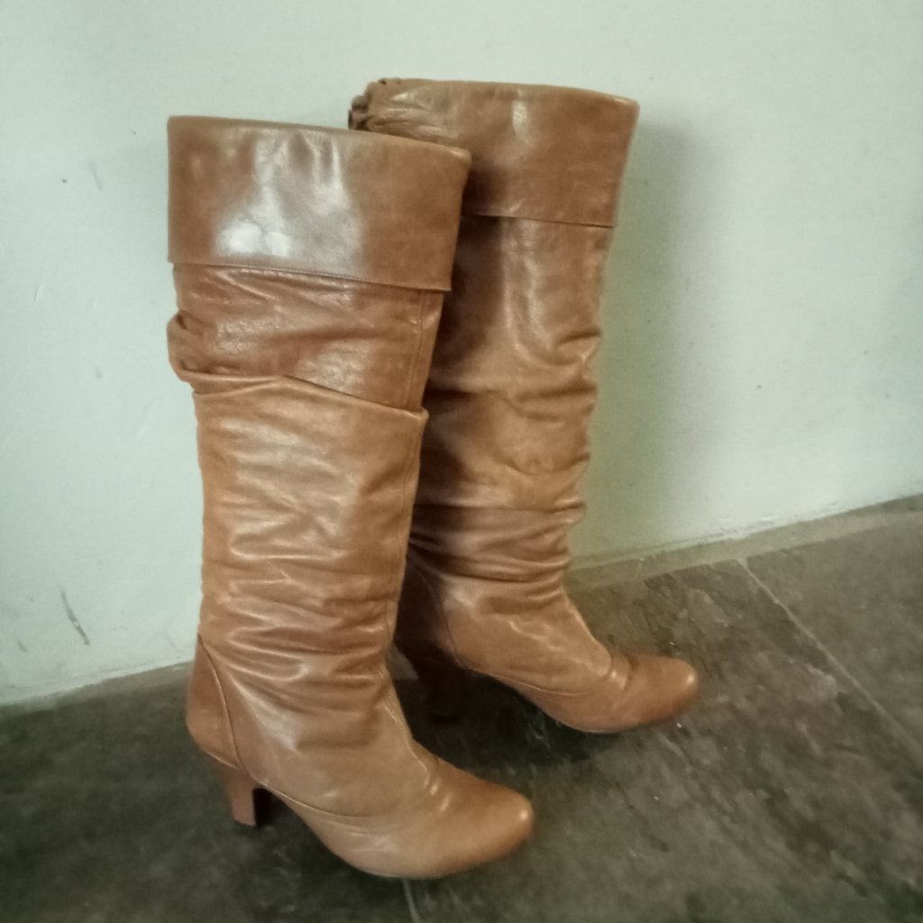 Leren Seventies stijl gerimpelde hoge bruine laarzen mt.38, Hoge laarzen, Bruin, Verzenden, Gedragen
