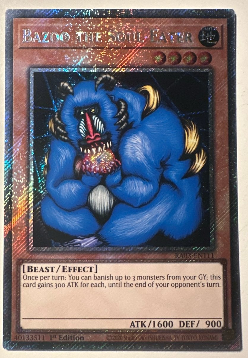 Yu-Gi-Oh! Bazoo the Soul-Eater RA03 1st Edition !, Ophalen of Verzenden, Zo goed als nieuw, Losse kaart, Foil