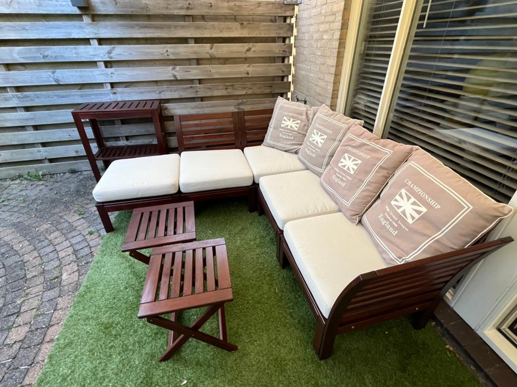 IKEA ÄPPLARÖ loungeset + kussens + BBQ tafel compleet ✅, Ophalen, Gebruikt, Hocker, Loungeset