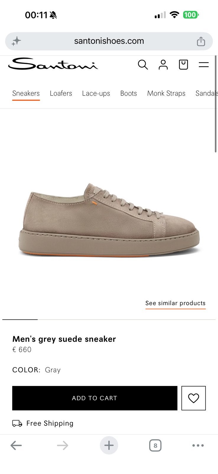 Santoni Heren Grijze Suède Sneakers, Ophalen of Verzenden, Nieuw, Overige kleuren, Sneakers of Gympen