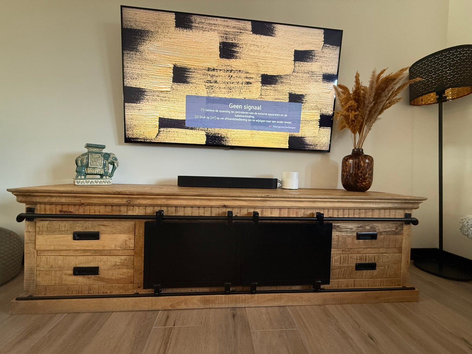 Mangohout tv-meubel 200cm, Ophalen, 150 tot 200 cm, Zo goed als nieuw, Minder dan 100 cm