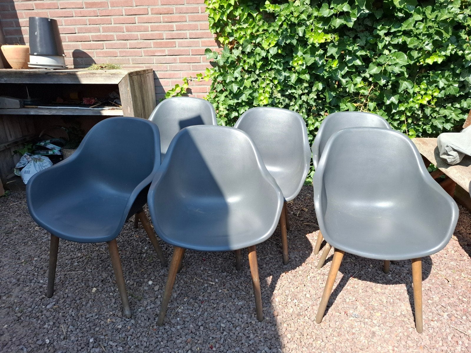 Tuinstoelen kuipstoelen grijs 6 stuks, Ophalen, Gebruikt, Kunststof, Stapelbaar