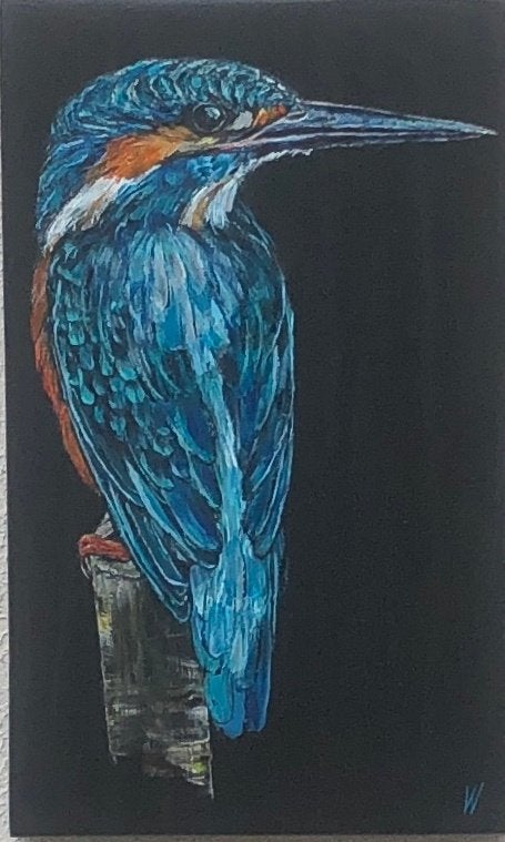 Schilderij ijsvogel op hout, Acrylverf, Hout, Ophalen of Verzenden, Dieren