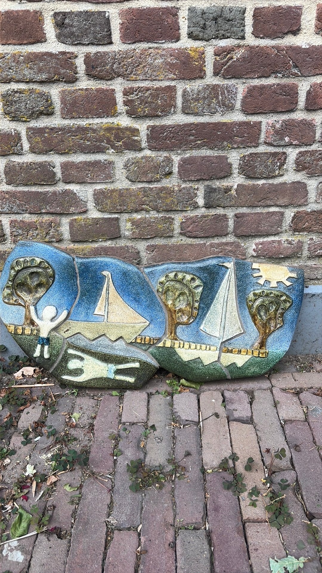 Jaren 50 kunstreliëf van water boten mensen bomen, Ophalen, Overige onderwerpen, Handgemaakt, 50 - 100 cm