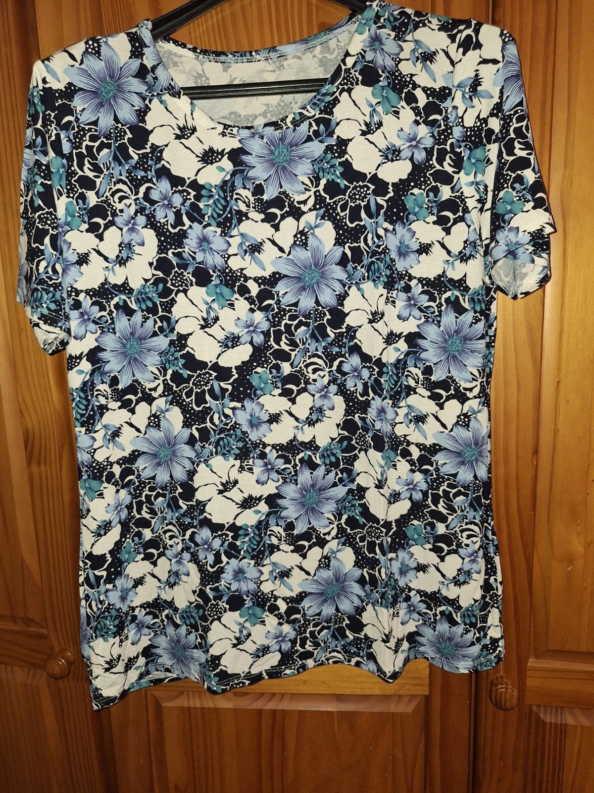 Bloemenprint T-shirt met korte mouwen, Blauw, Maat 42/44 (L), Ophalen of Verzenden, Onbekend