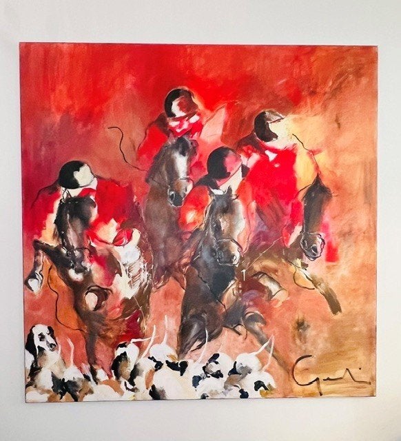 Schilderij Gerdine Duijsens Hunting the fox, Antiek en Kunst, Ophalen, Olieverf, Textiel, Stadsgezicht
