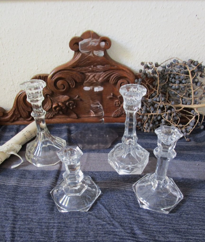 Set glazen kandelaars 4 stuks, Antiek en Kunst, Ophalen of Verzenden, Glas