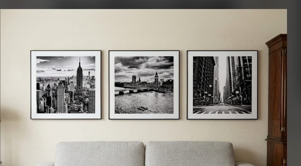 Set van 3 zwart-wit stadsgezicht posters (57x57 cm), 50 – 75, Ophalen of Verzenden, Zo goed als nieuw, Foto of Poster