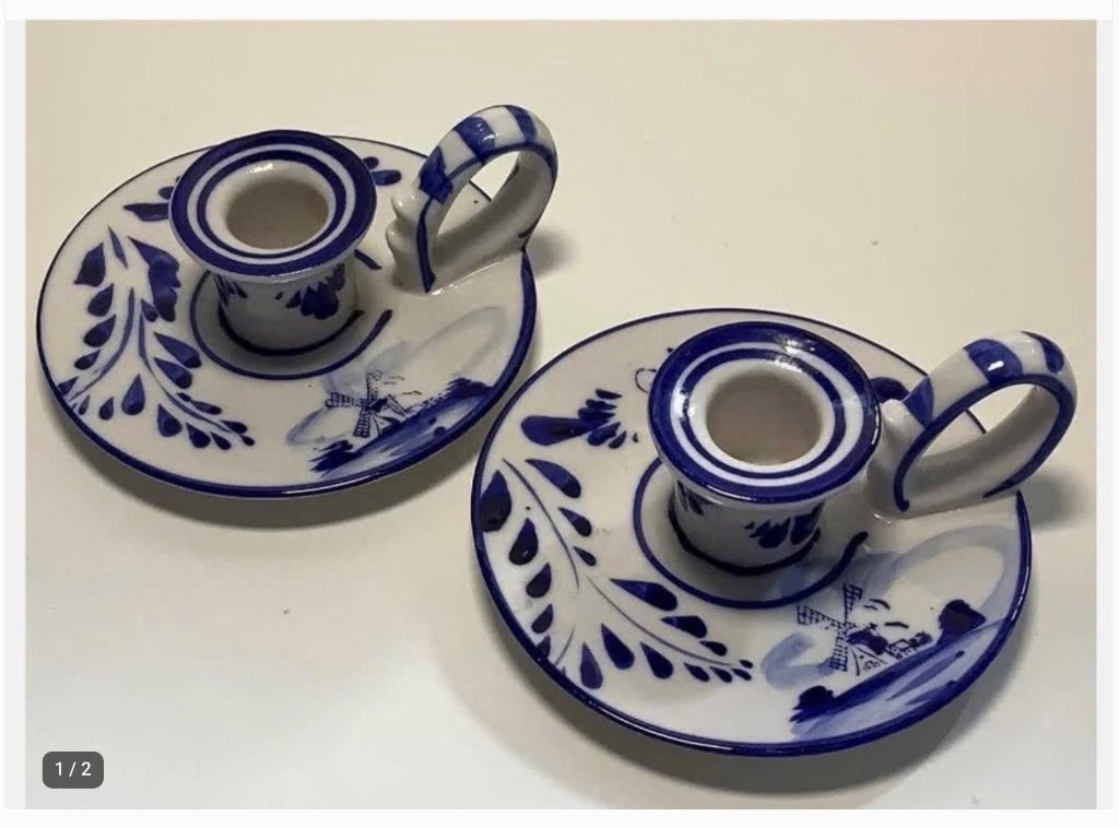 2 x kaarsenhouder blaker delfts blauw handpainted pr.p.stuk, Ophalen of Verzenden