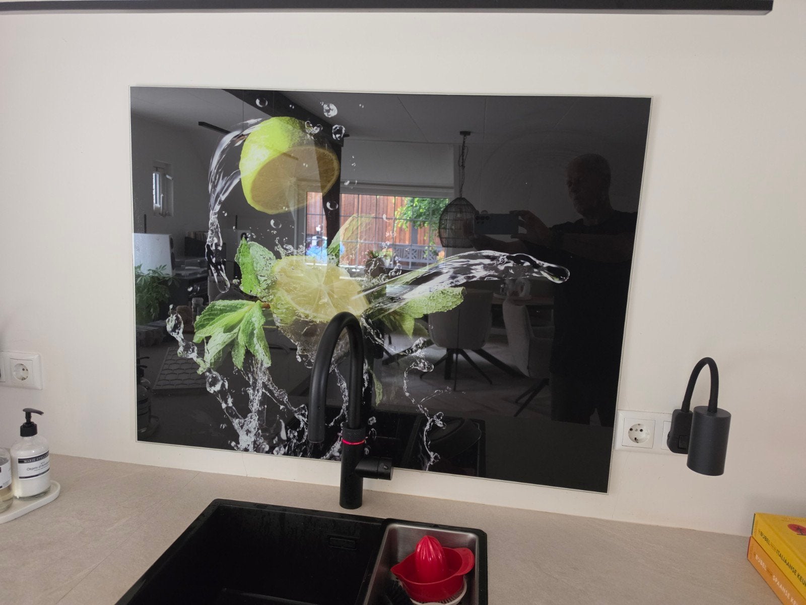 Spatwand van echt glas met citroen print 100x75 cm, Ophalen of Verzenden, Zo goed als nieuw, Meerkleurig, Glas