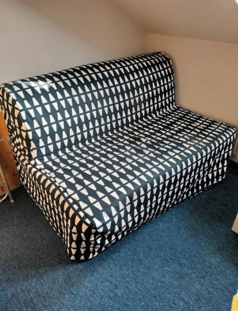 IKEA LYCKSELE tweepersoons slaapbank - Zwart/Wit patroon, Ophalen, Zwart, Tweepersoons, 140 cm