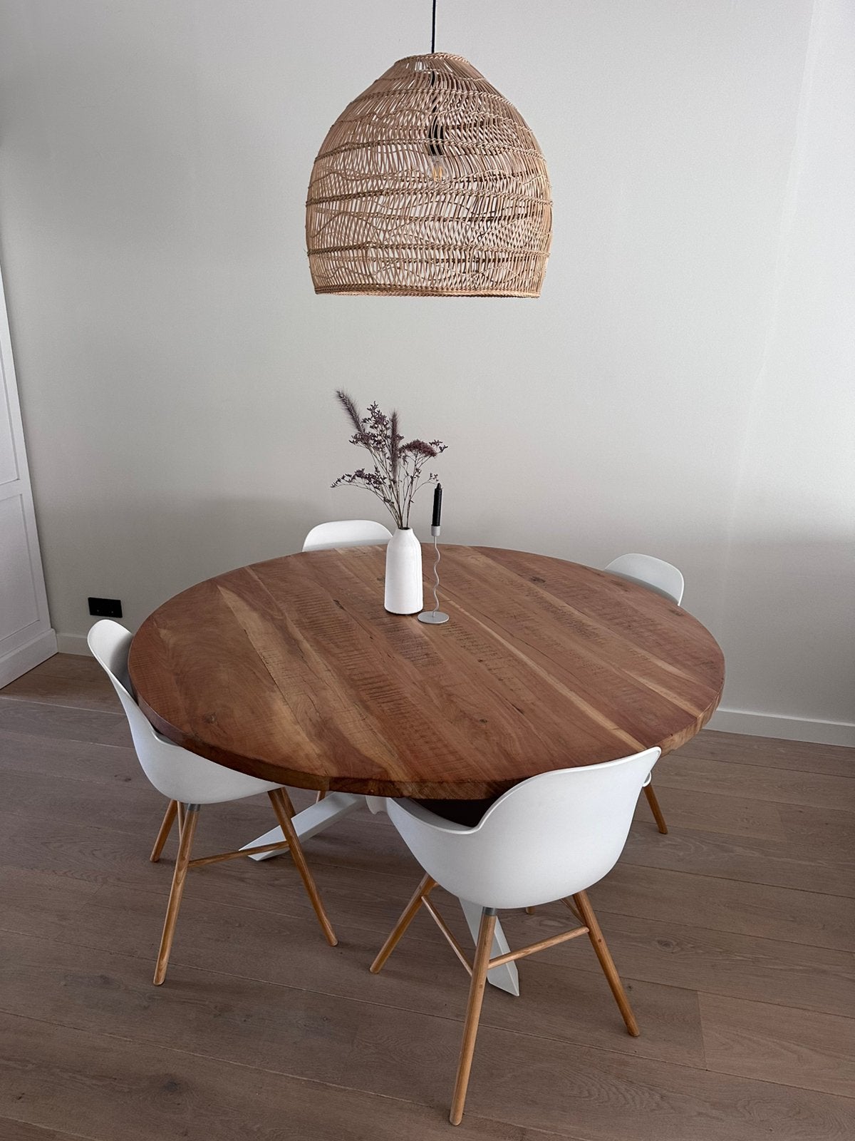 Ronde houten eettafel 150 cm + wit industrieel onderstel, Ophalen, 150 tot 200 cm, Rond, Scandinavisch