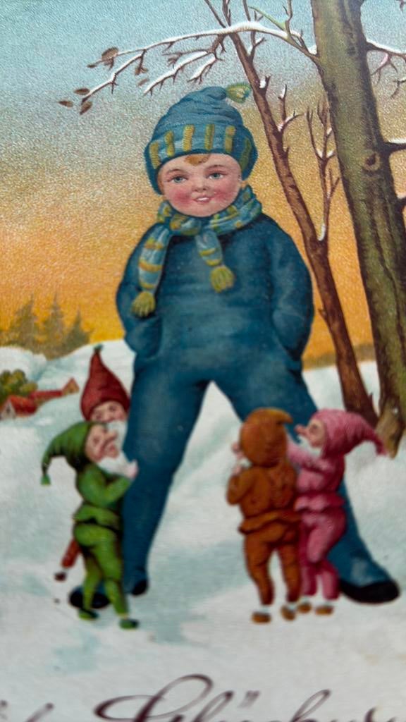 Besneeuwd landschap.4 kaboutertjes, jongen, Ophalen of Verzenden, 1920 tot 1940, Gelopen, Kinderen