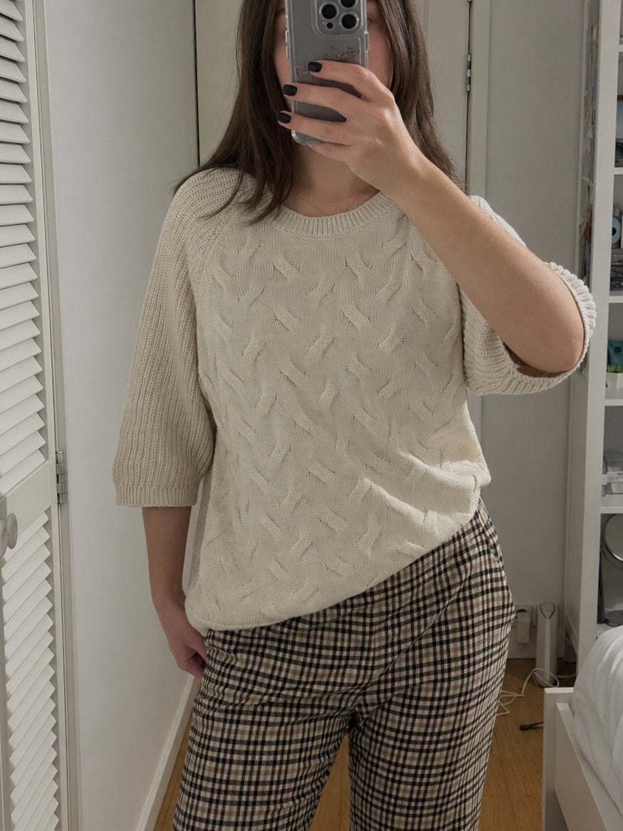 Vintage beige gebreide trui met korte mouwen, 100% katoen, Verzenden, Beige, Maat 42/44 (L), Zo goed als nieuw
