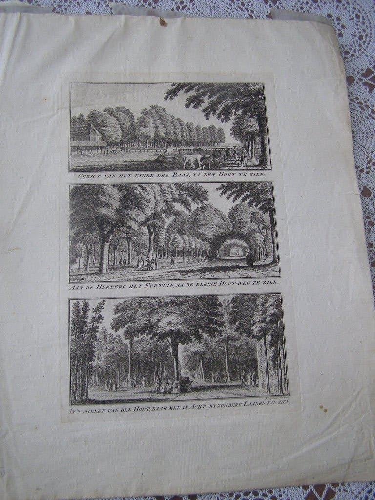 Org. gravure Haarlemmerhout 1762. 3 afbeeldingen op 1 blad, Antiek en Kunst, Kunst | Etsen en Gravures, Met tekst, Stadsgezicht