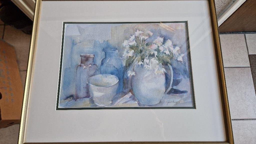 schilderij aquarel in lijst 2 bloemenvazen gesigneerd, Ophalen of Verzenden, Zo goed als nieuw, Schilderij, 5 – 50