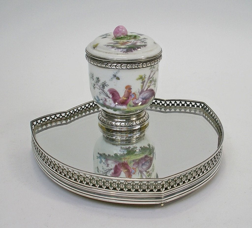 ZILVER - ZILVEREN ONDERSCHOTEL m. SEVRES PORSELEIN INKTPOT, Verzenden, Zilver
