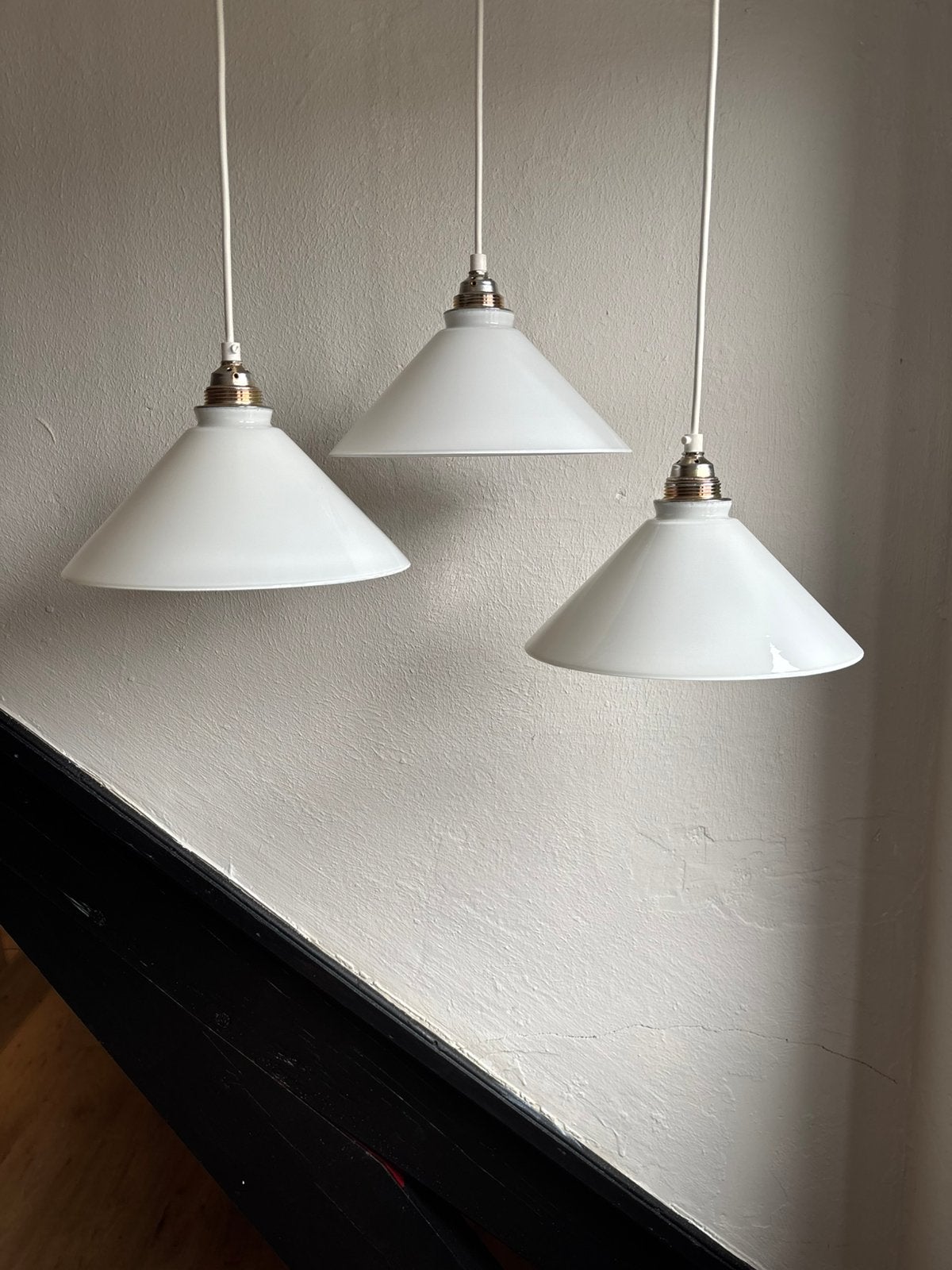 Set 3 vintage melkglas driehoek glazen opaline hanglamp wit, Ophalen of Verzenden, Zo goed als nieuw, Glas