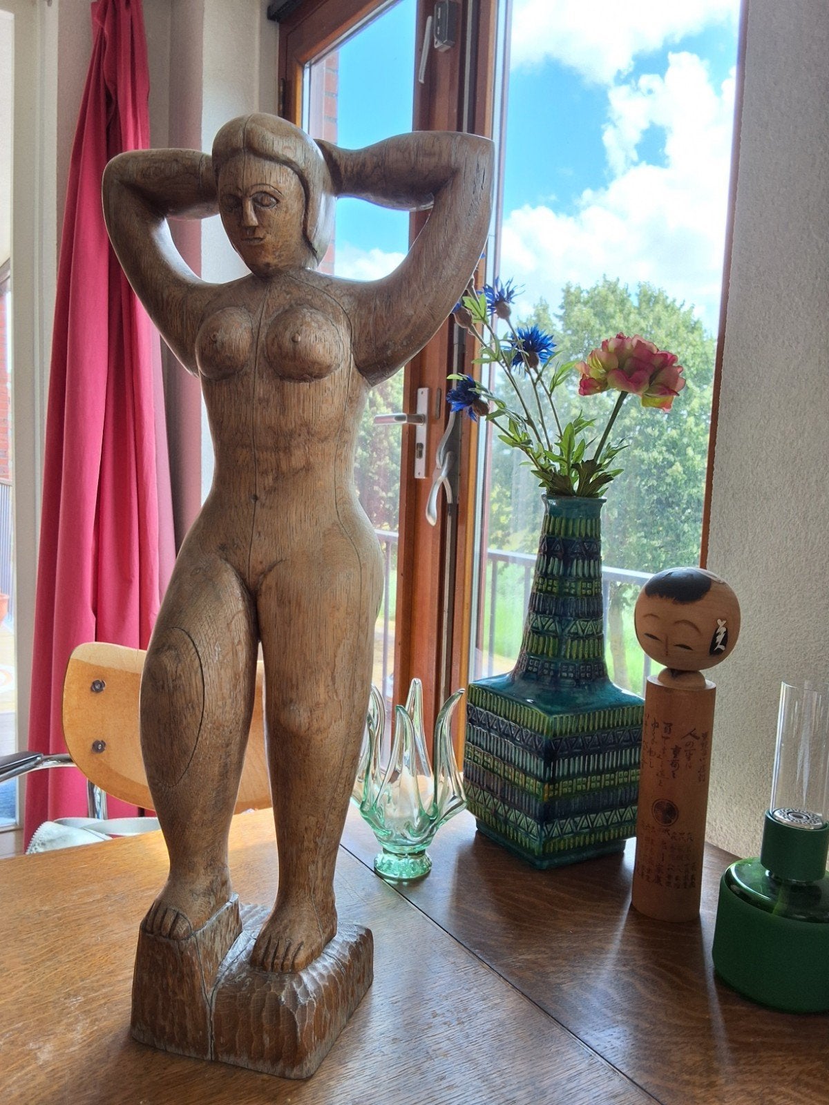 Expressionistische Houten Sculptuur Naakte Vrouw 59 cm, Handgemaakt, Beeld, Hout, Bruin