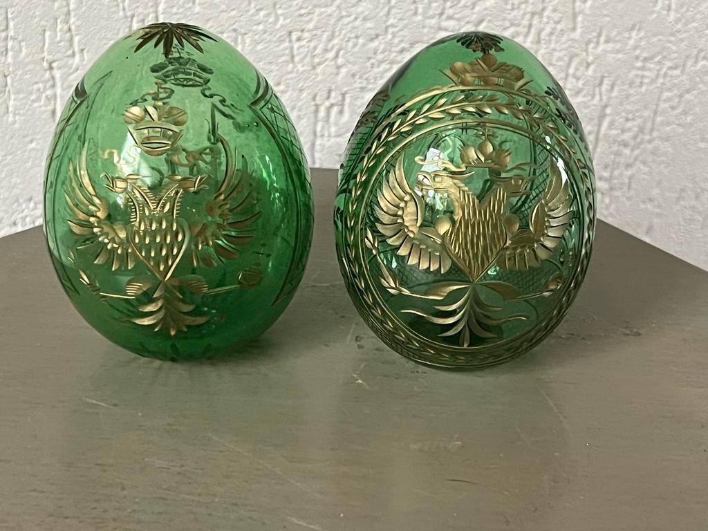 2 Faberge Stijl Modern Groen Glas Ei - Rusland, Ophalen of Verzenden