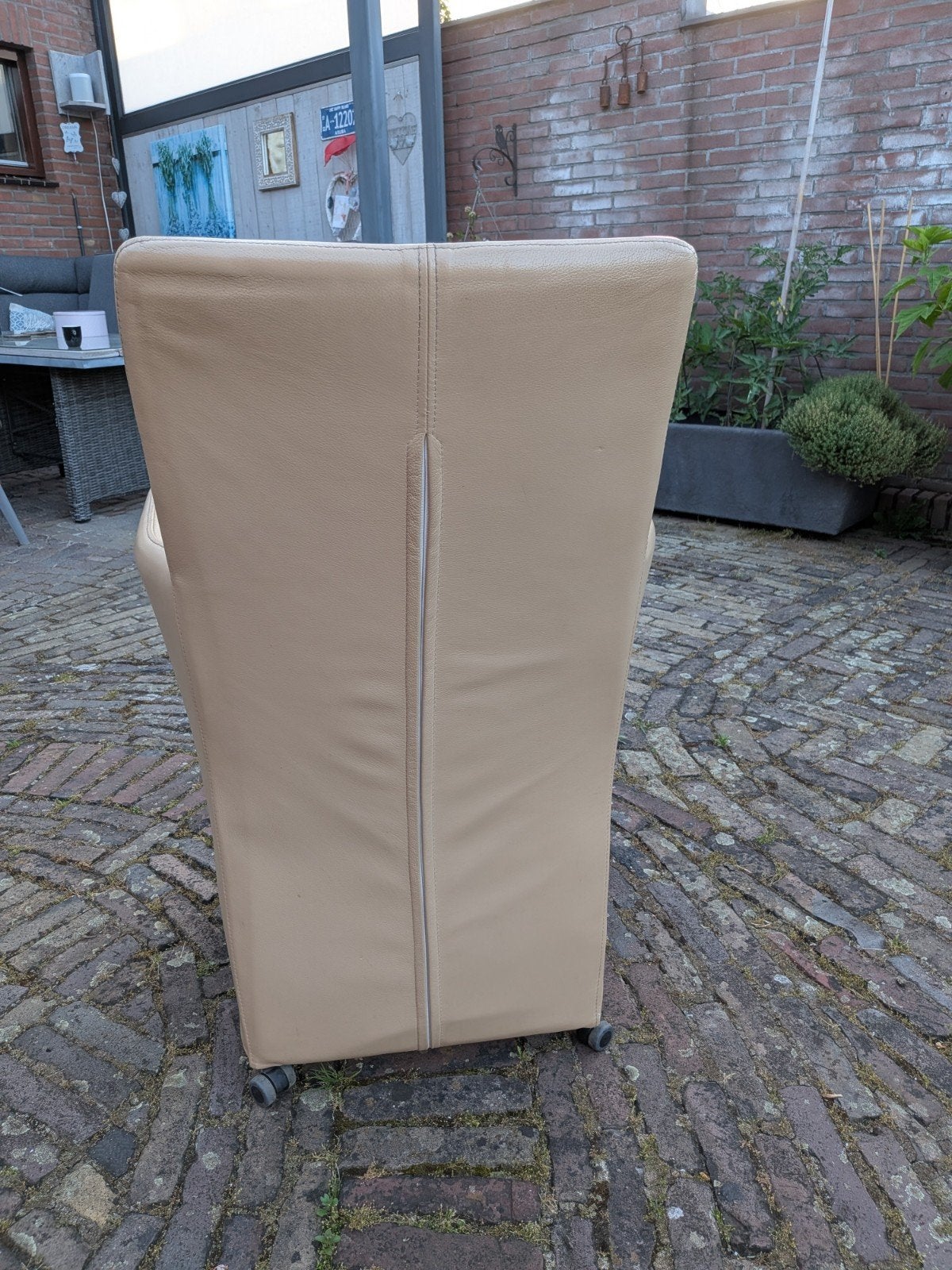 6 beige leren eetkamerstoelen op wieltjes, Gebruikt, Overige kleuren, Leer, Ophalen of Verzenden