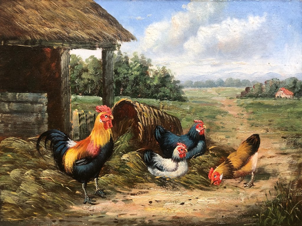 Schilderij 'Kippen en haan bij schuur', Ophalen of Verzenden