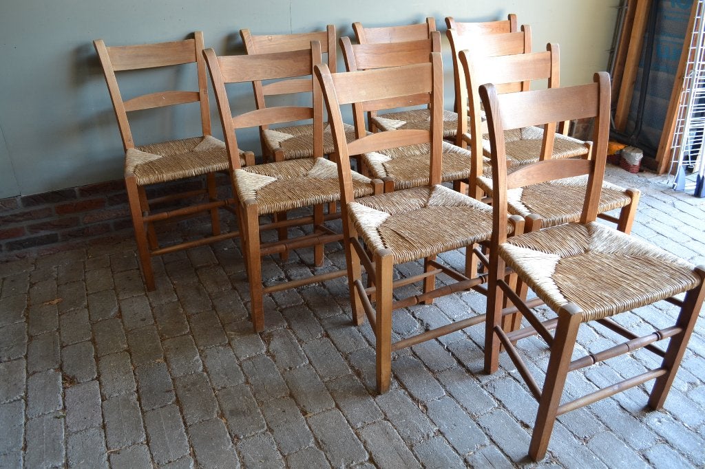 Prachtige set van 10 oude eiken kerkstoelen, keukenstoelen., Verzenden
