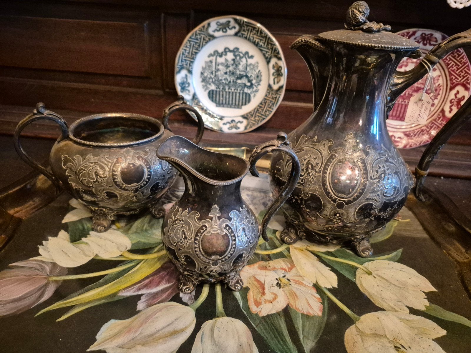 Antieke Engelse verzilverde 3-delige set– James Dixon&sons, Antiek en Kunst, Ophalen of Verzenden