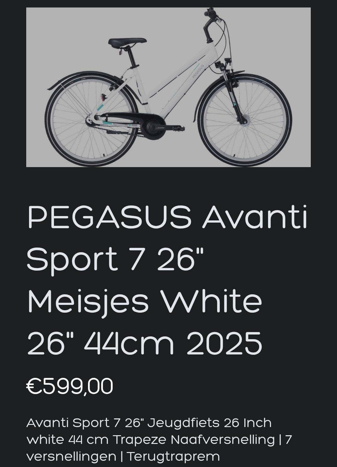 Pegasus Avanti Sport 7 26" Meisjesfiets Wit, 26 inch of meer, Terugtraprem, Versnellingen, Ophalen of Verzenden