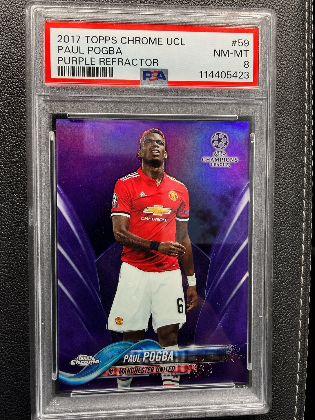 Paul Pogba 2017 Topps Chrome UCL Purple Refractor PSA 8, Ophalen of Verzenden, Zo goed als nieuw, Losse kaart, Foil