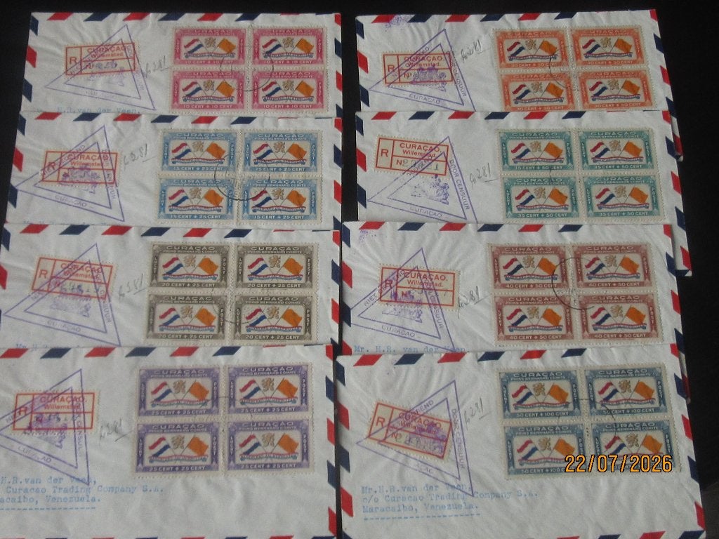 Nico Curacao Luchtpost 18/25 blok van 4 op brieven 1941, Ophalen of Verzenden, Nederland en Buitenland