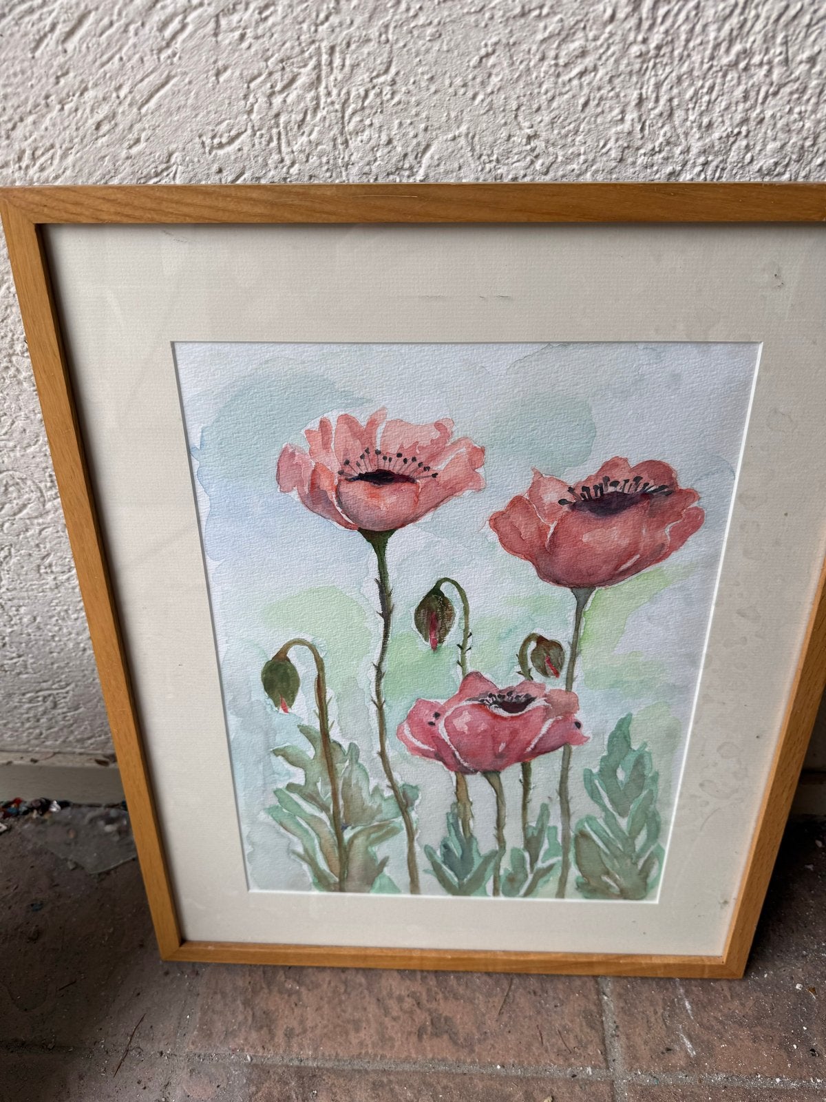 Aquarel van klaprozen in passe-partout met houten lijst, Ophalen, Tekening, Aquarel, Ingelijst